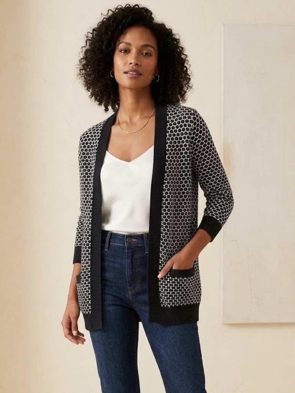 Talbots Black & White Geometric Open-Front Cardigan